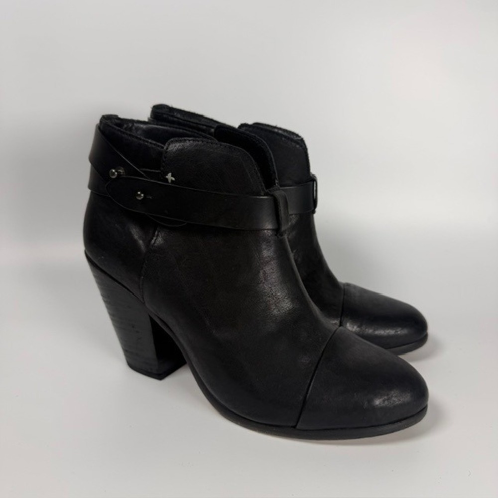Rag & Bone Harrow Black Leather Ankle Boots Stacked Heel | Size 37.5 / 7.5